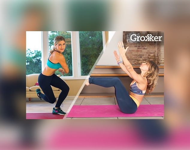 Grokker logo above women doing yoga