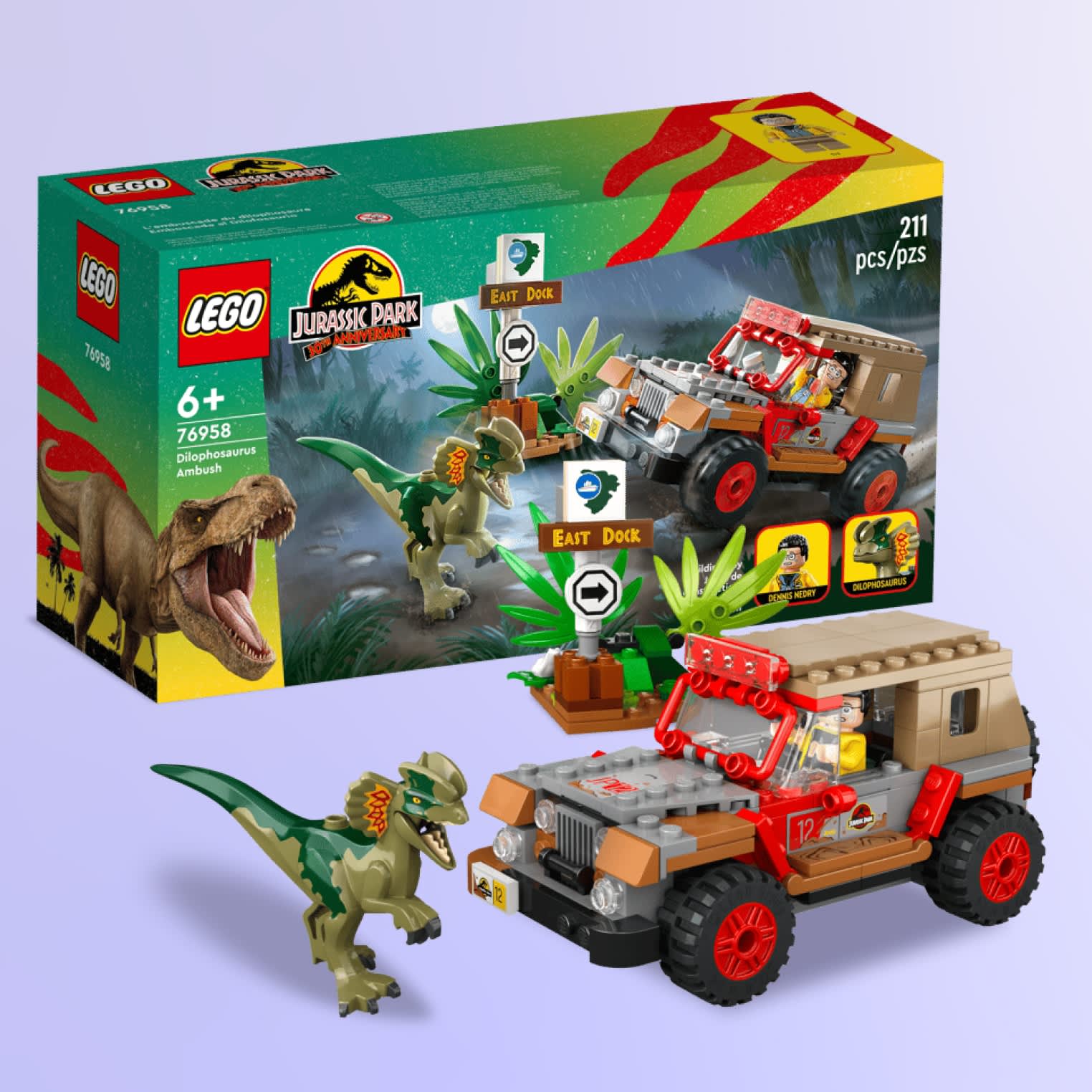 jurassic park themed legos on a light purple background