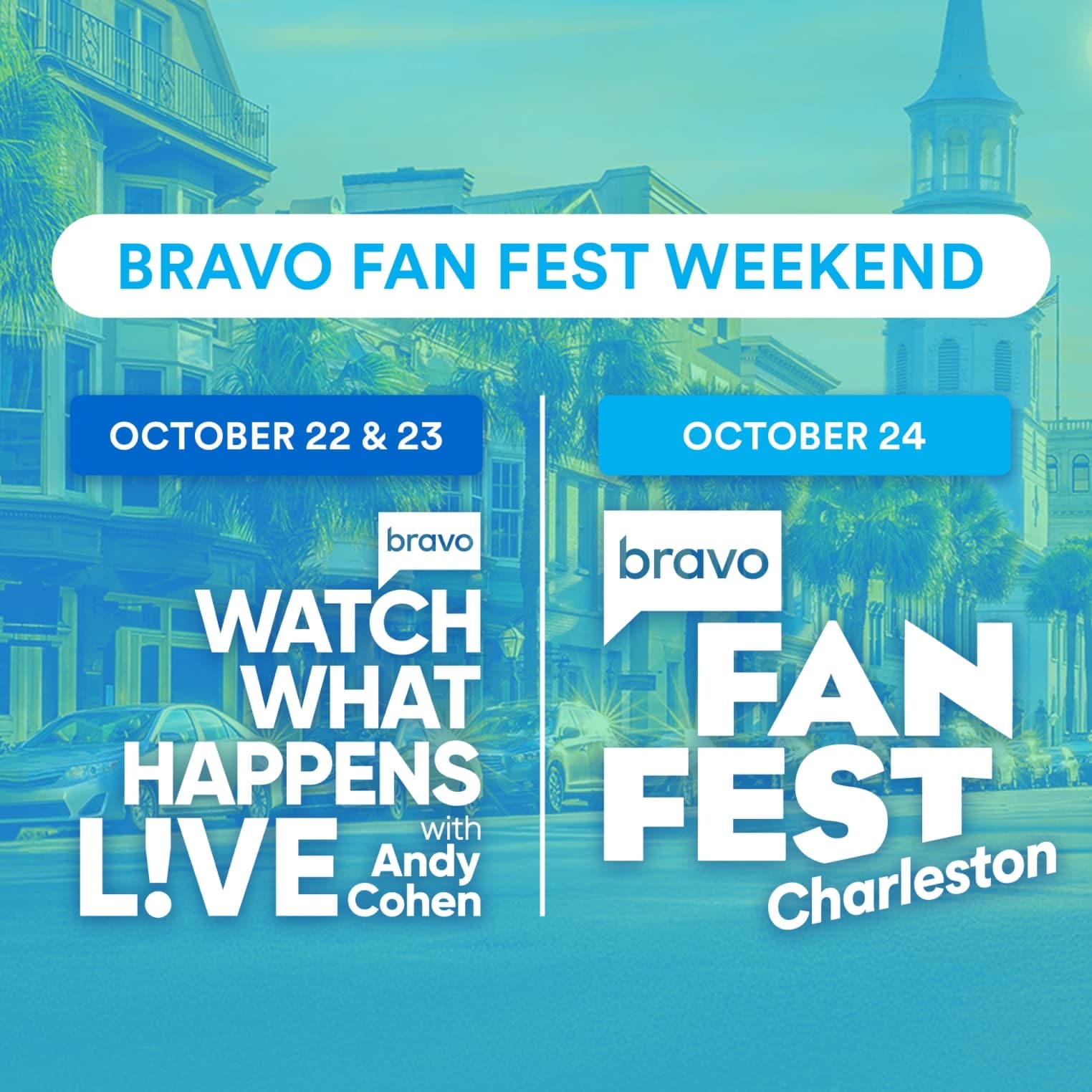 bravo fanfest weekend October 22 and 23 Watch what happens live with Andy Cohen. October 24 Fan fest in Charleston