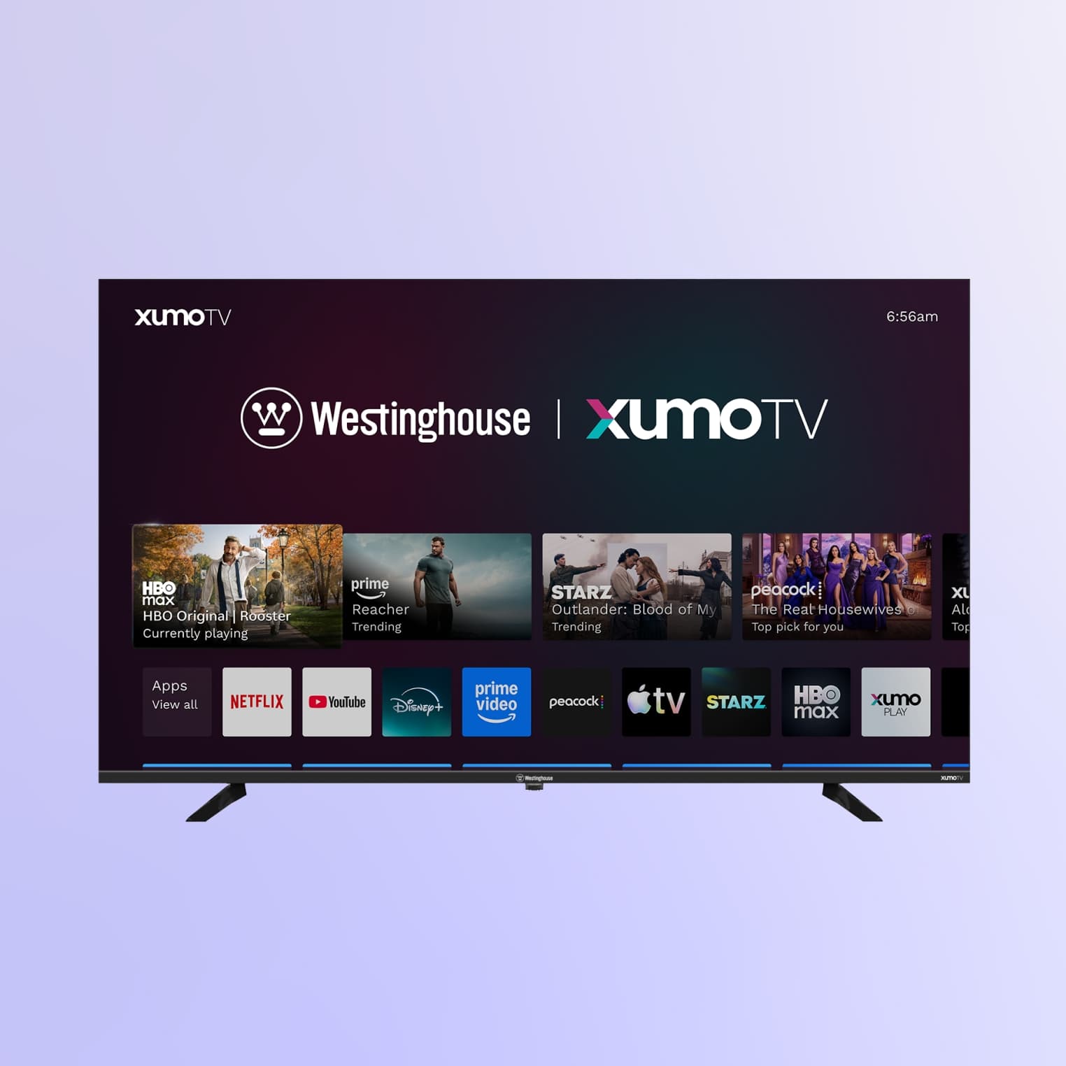 a Xumo tv showing its home screen on a light purple background