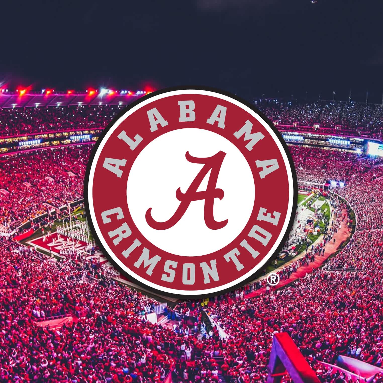 Alabama crimson tide logo overlaid on the football field 