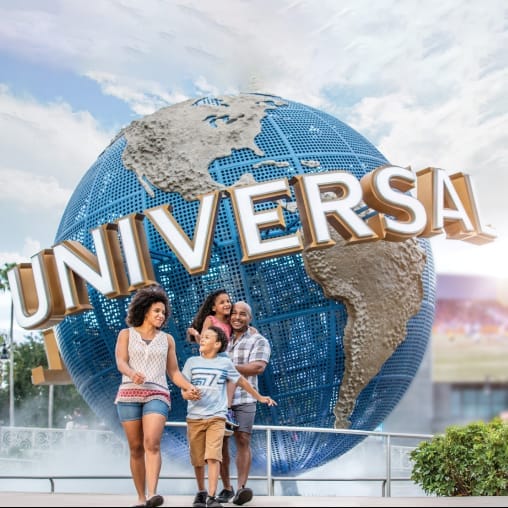 Family walking in front of the universal globe